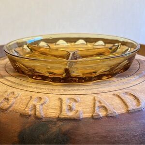 Indiana Glass Co Kings Crown Amber Gold Thumb Print 3 Way Divided Relish Dish